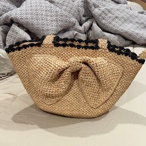Elegant Tan Woven Tote with Black Accents